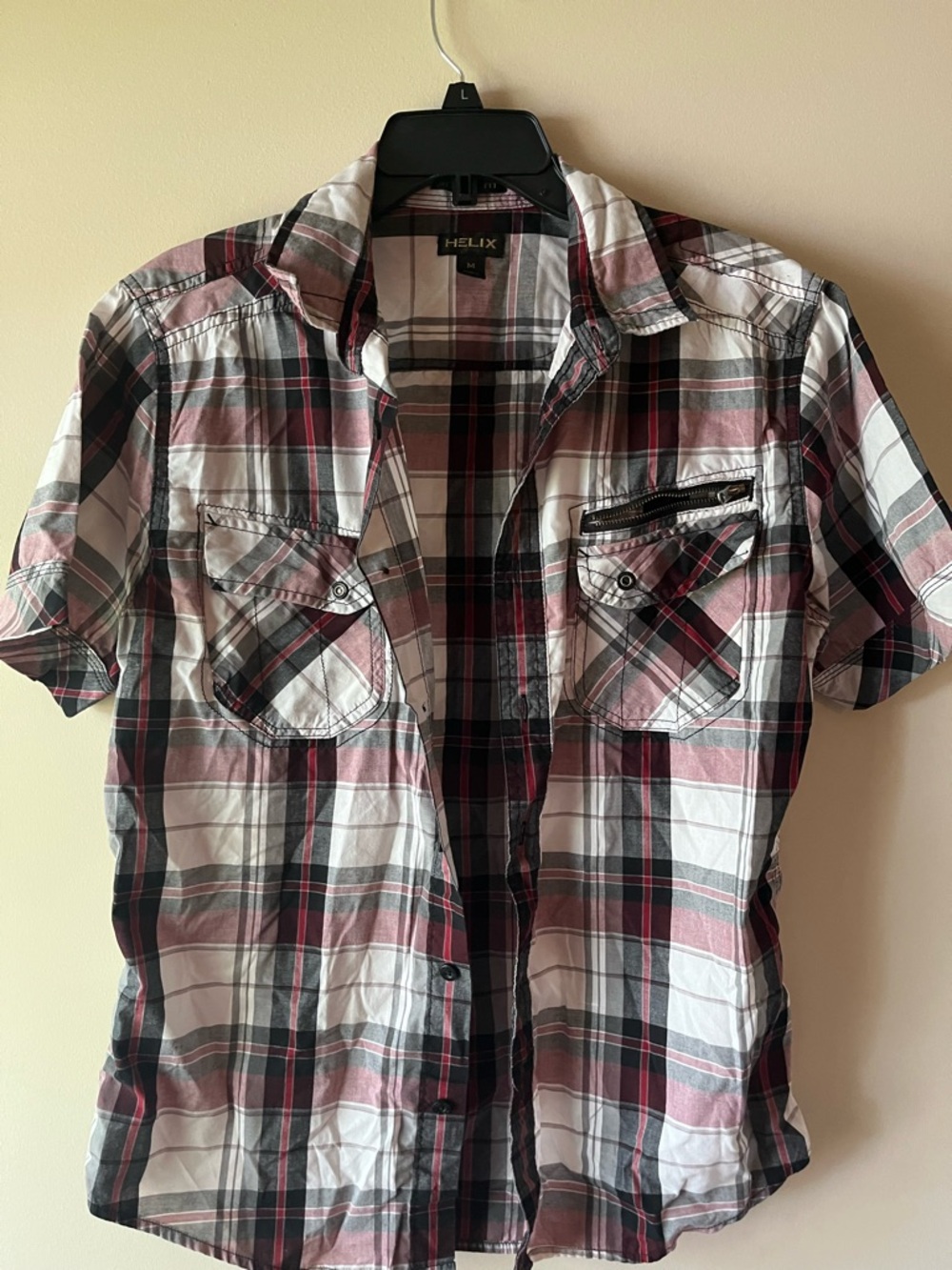 Helix Men's Short-Sleeve Plaid Button-Down Shirt - White, Burgundy & Black